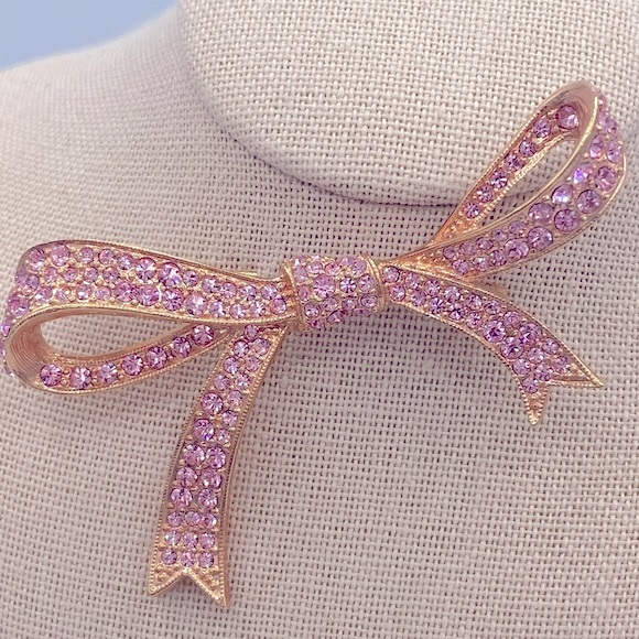 Vintage KJL Rose Gold Tone Pink Pave Rhinestone Bow Pin Brooch Cancer Awareness - Picture 11 of 11